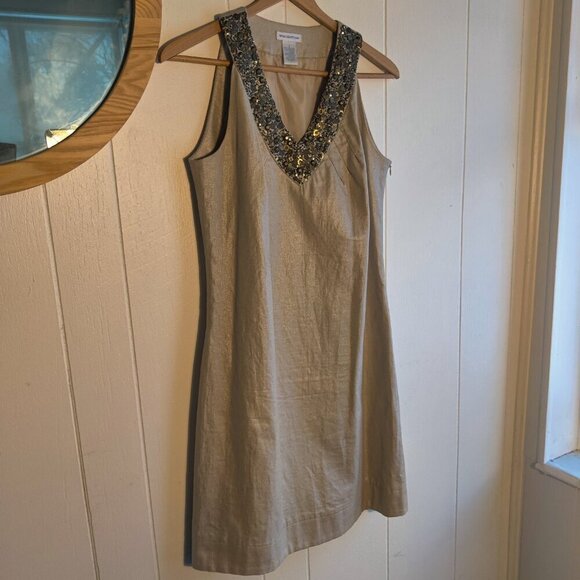 Linen Dress, Shimmering Beige Fabric and Beading at  V-neck, side zipper, Sz 6 - Picture 4 of 8